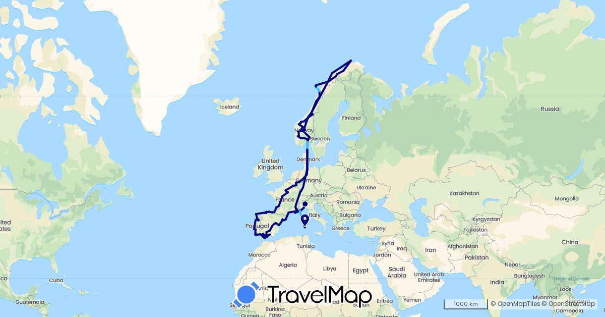 TravelMap itinerary: driving, boat in Belgium, Germany, Denmark, Spain, France, Gibraltar, Italy, Luxembourg, Norway, Portugal (Europe)