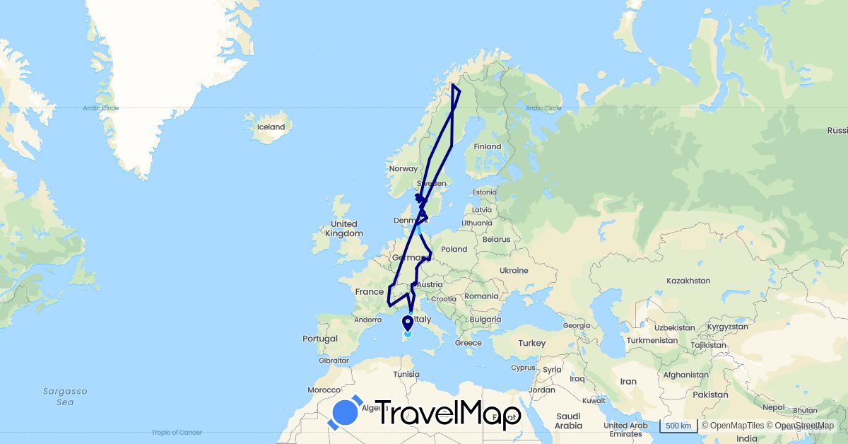 TravelMap itinerary: driving, boat in Germany, Denmark, France, Italy, Sweden (Europe)