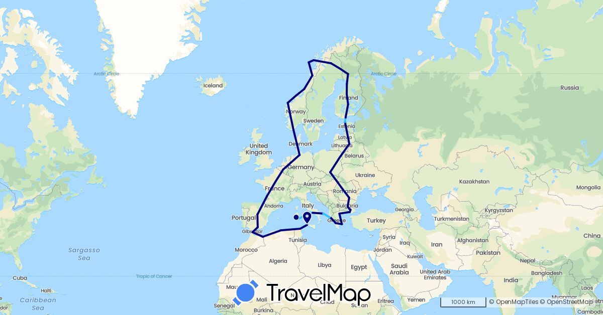 TravelMap itinerary: driving, boat in Belgium, Bulgaria, Germany, Algeria, Estonia, Spain, Finland, France, Greece, Italy, Lithuania, Morocco, Norway, Poland, Romania, Sweden, Tunisia (Africa, Europe)